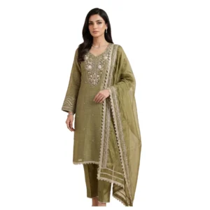 Women’s mehndi green embroidered unstitched suit