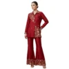 Woman wearing wine chinnon zari work embroidered co-ord set