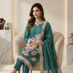 Green pure mul cotton unstitched suit with embroidery work by Kharatis