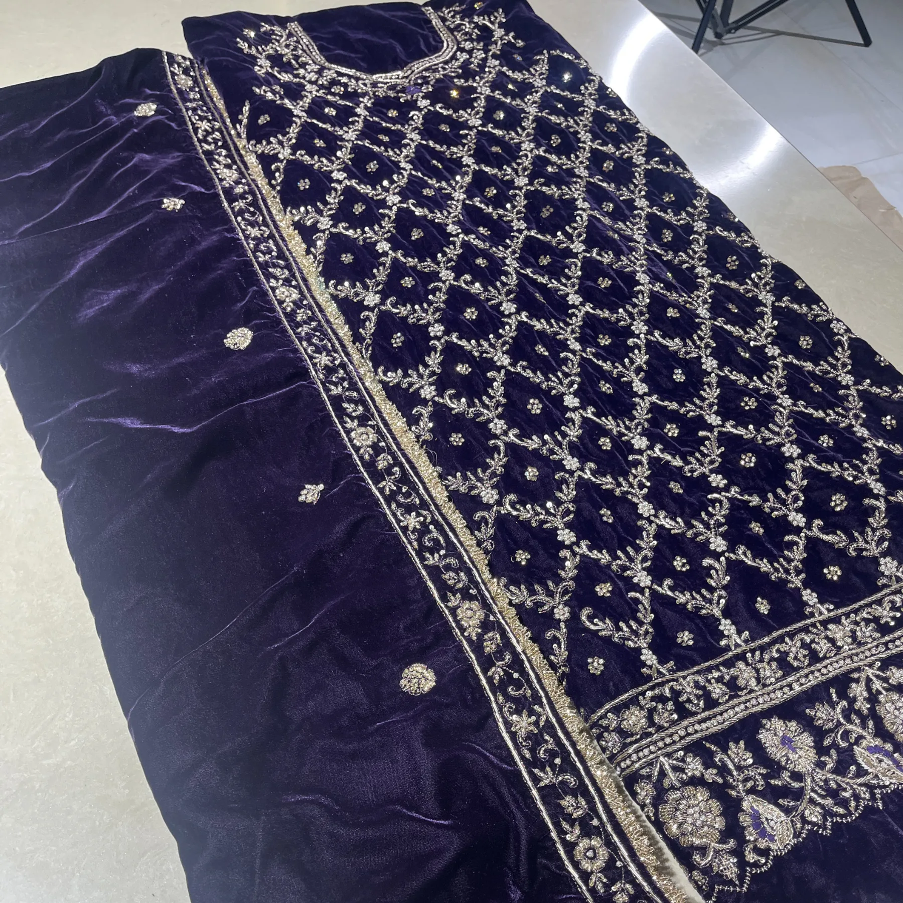 Violet velvet unstitched suit for women