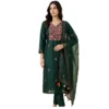 Bottle green georgette unstitched suit with thread work on neck by Kharatis
