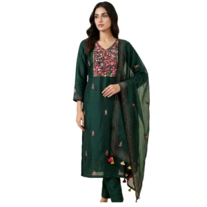 Bottle green georgette unstitched suit with thread work on neck by Kharatis