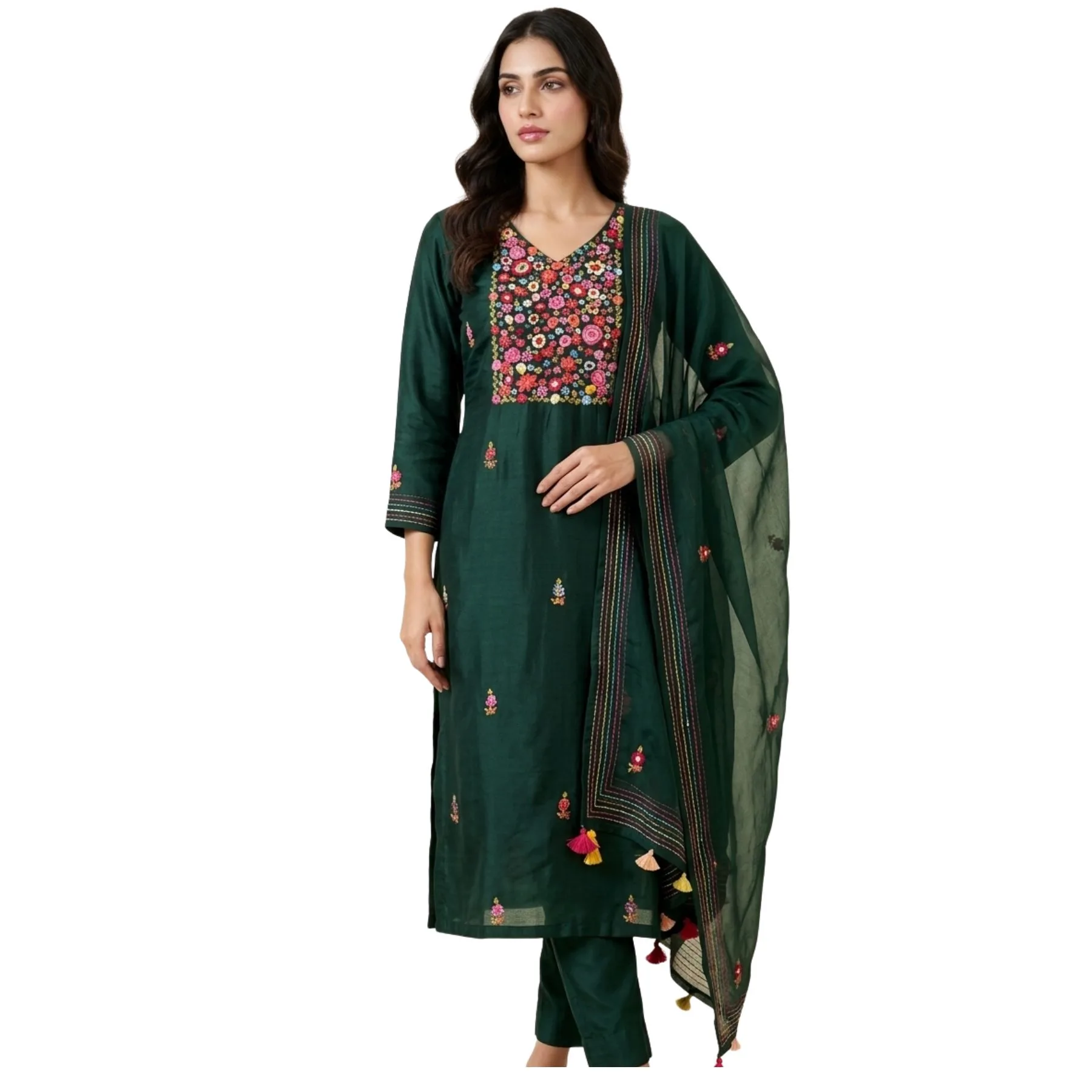 Bottle green georgette unstitched suit with thread work on neck by Kharatis