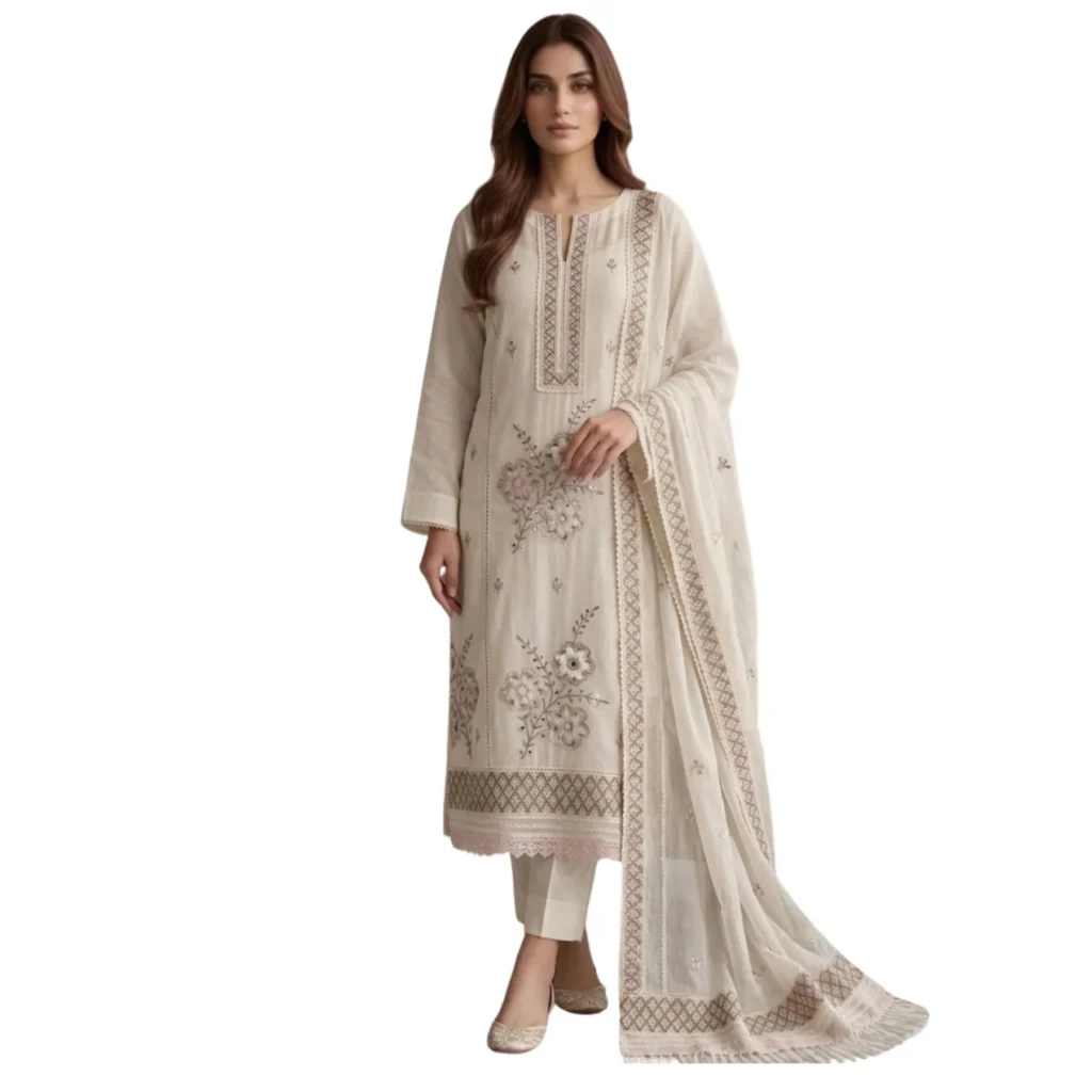 Women embroidered mul cotton unstitched suit with embroidered dupatta by Kharatis