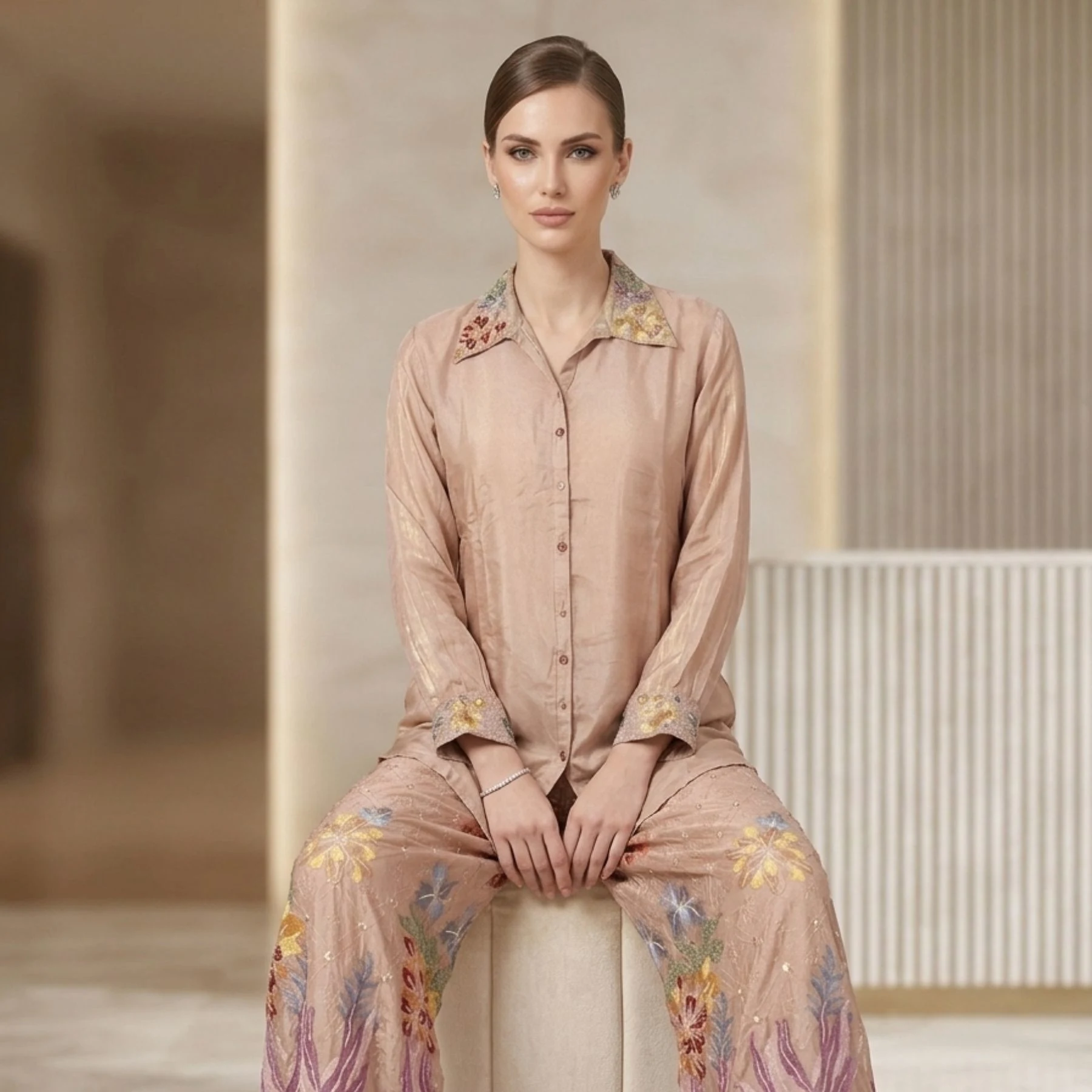 Woman wearing blush pink chinnon embroidered sharara co-ord set