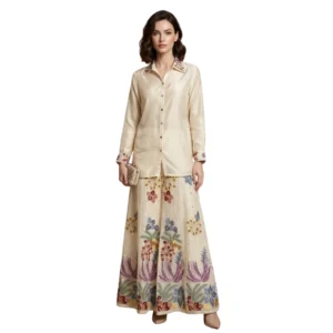 Woman wearing printed chinnon sharara co-ord set with thread embroidery