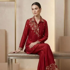 Woman wearing wine chinnon zari work embroidered co-ord set