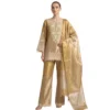 Woman wearing gold shimmer pearl work bell bottom co-ord set with dupatta
