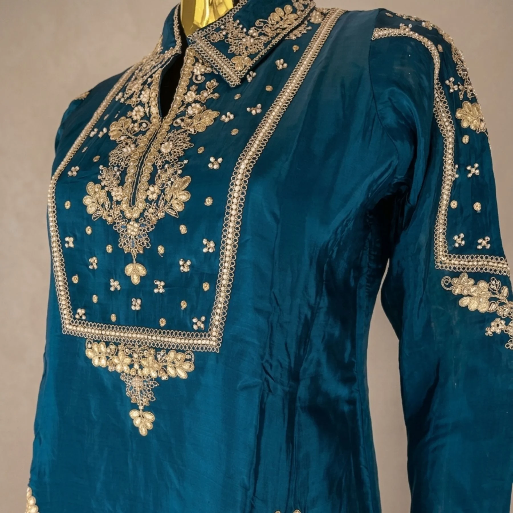 Kharatis Masline Silk Suit with Dabka and Thread Work Lace Design