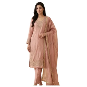 Women’s Tabby Silk Unstitched Suit with Dabka Neck & Ghera Work