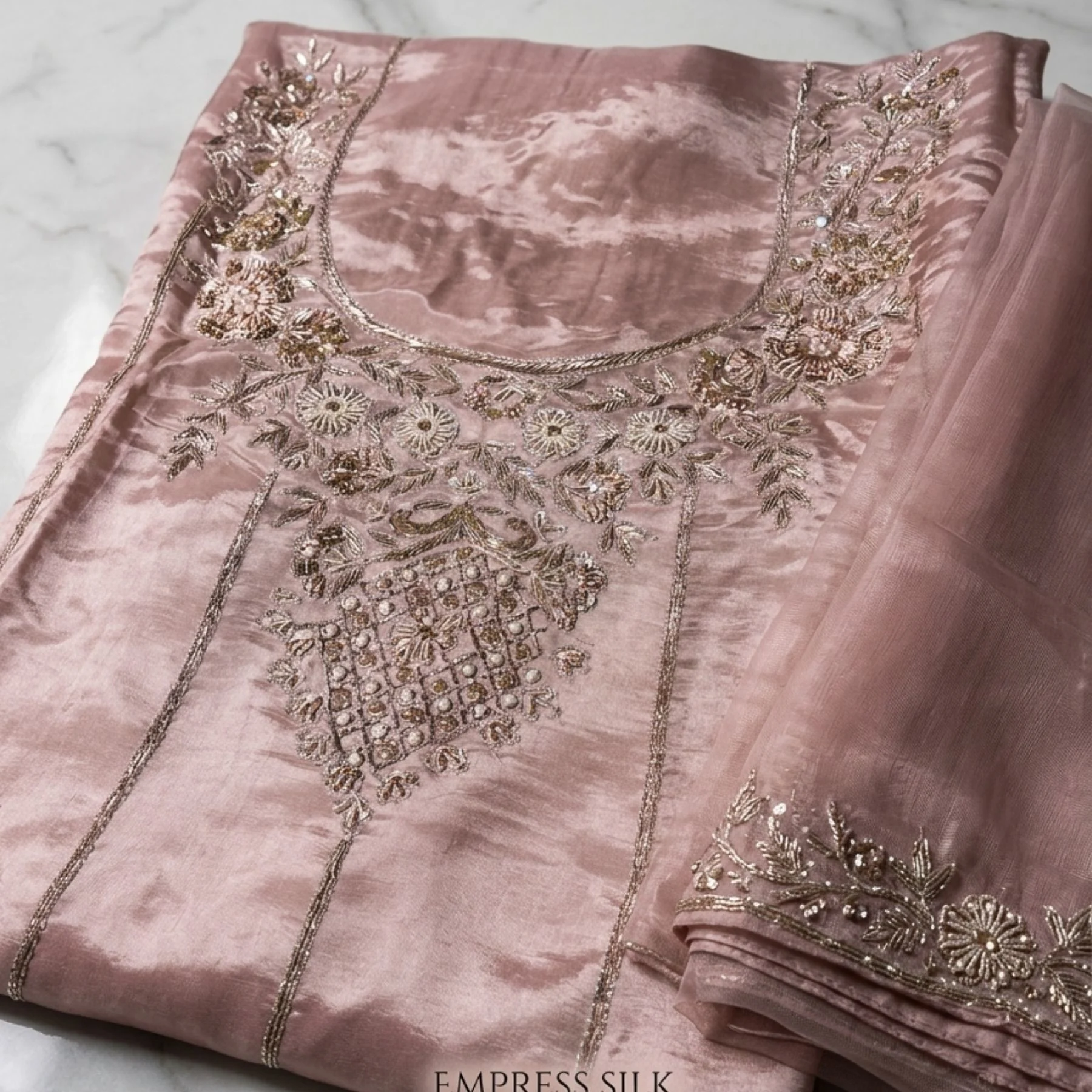 Women’s Tabby Silk Unstitched Suit with Dabka Neck & Ghera Work