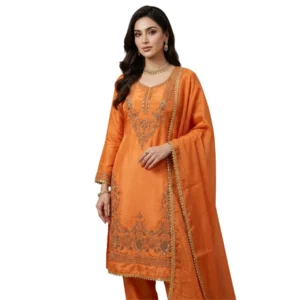 Orange crepe unstitched suit with antique dabka embroidery and thread work by Kharatis