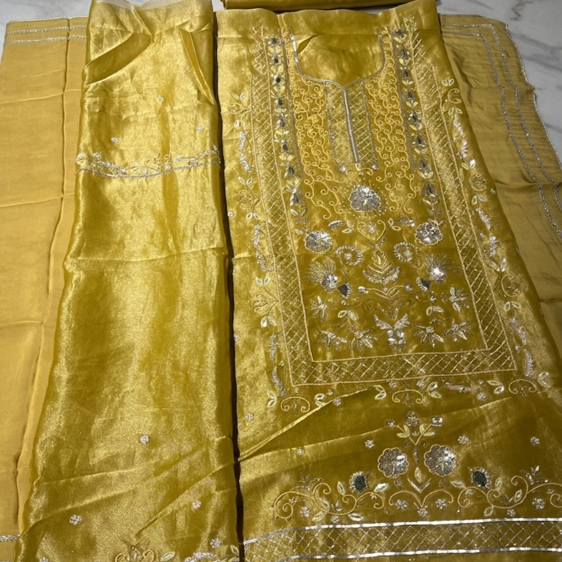 Green golden unstitched suit for women