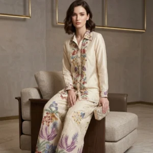 Woman wearing printed chinnon sharara co-ord set with thread embroidery