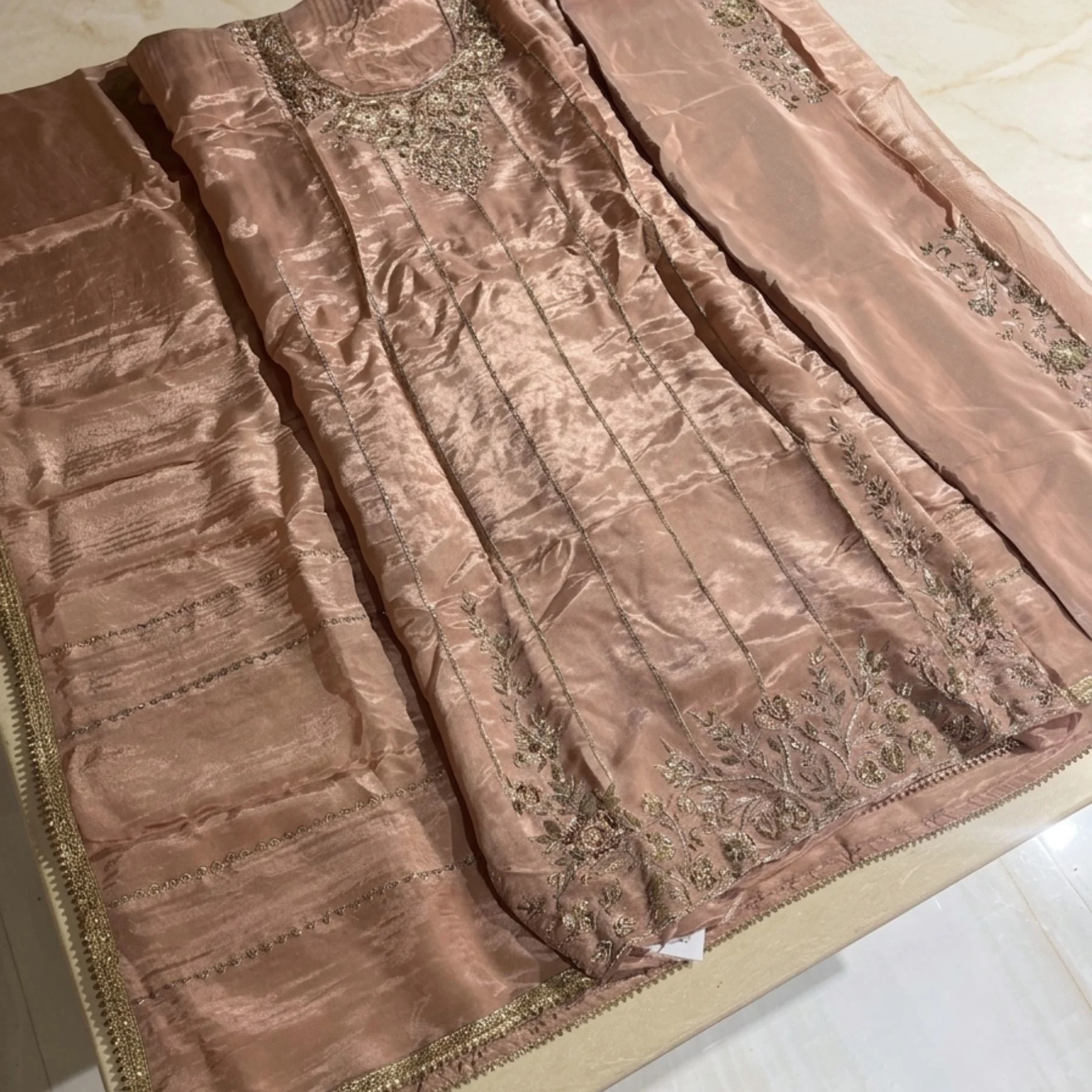 Women’s Tabby Silk Unstitched Suit with Dabka Neck & Ghera Work
