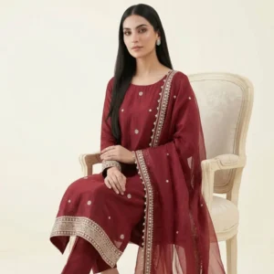 Maroon organza unstitched suit for women