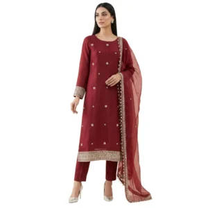 Maroon organza unstitched suit for women