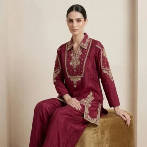 Woman wearing wine masleen silk embroidered co-ord set