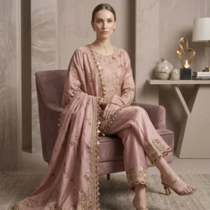 Woman wearing blush pink khadi chanderi suit set with dupatta
