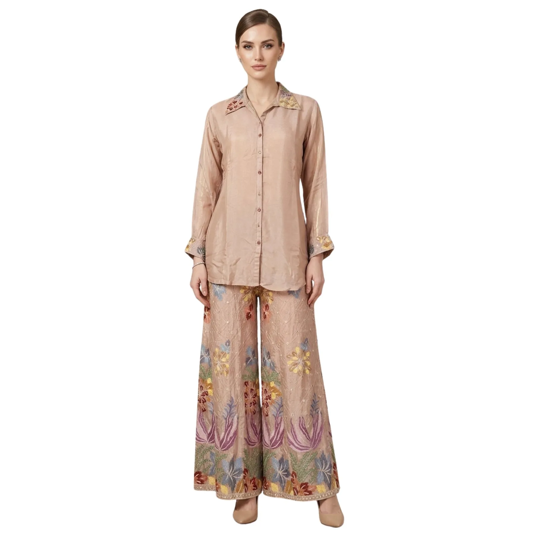 Woman wearing blush pink chinnon embroidered sharara co-ord set