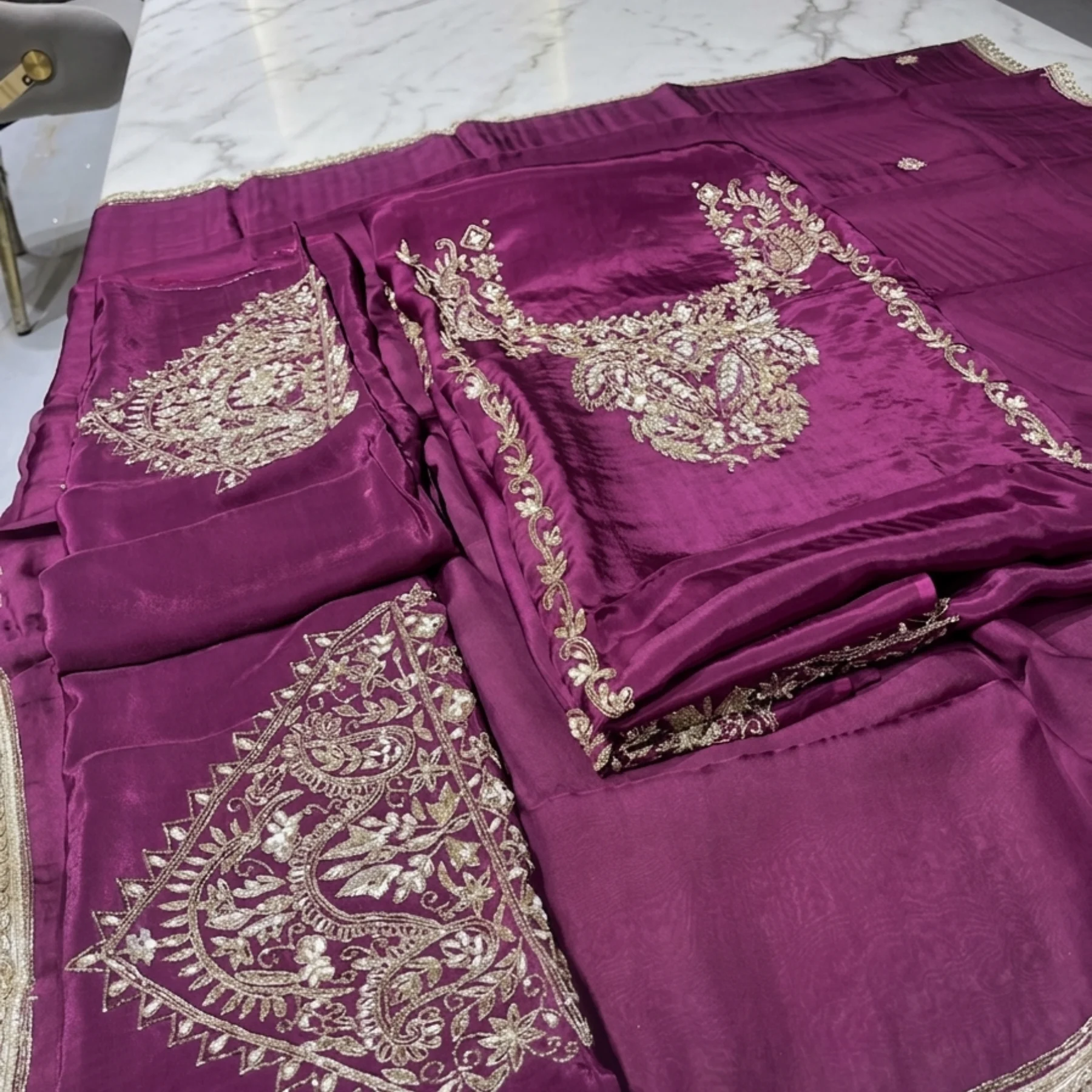 Women’s crepe fabric unstitched suit with pearl work