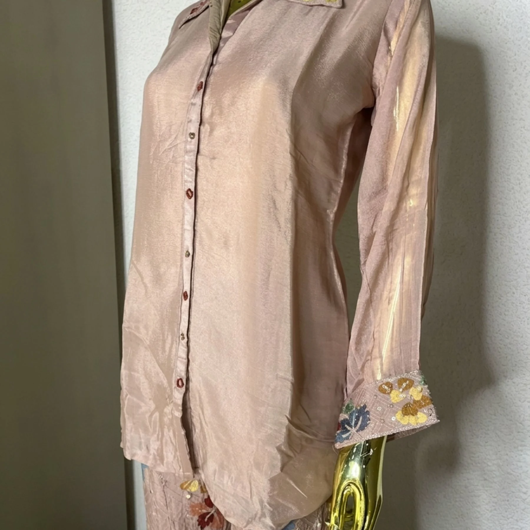 Woman wearing blush pink chinnon embroidered sharara co-ord set
