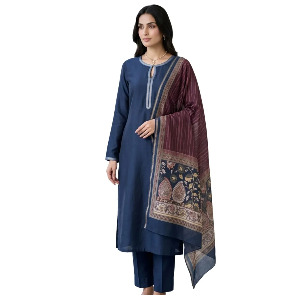 Navy blue mul chanderi unstitched suit with pure cotton printed dupatta by Kharatis