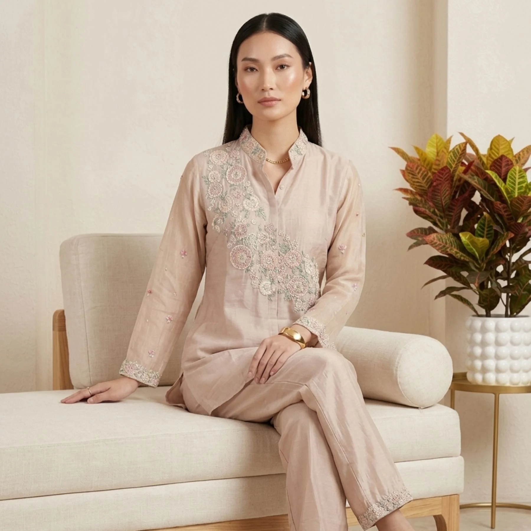 Woman wearing blush pink organza embroidered co-ord set with pearl work