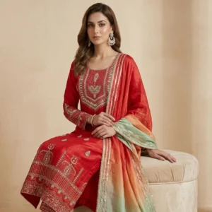 Red Masleen silk unstitched suit for women