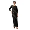 Woman wearing black chinnon kurta set with hand embroidery and dabka work