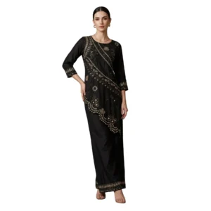 Woman wearing black chinnon kurta set with hand embroidery and dabka work