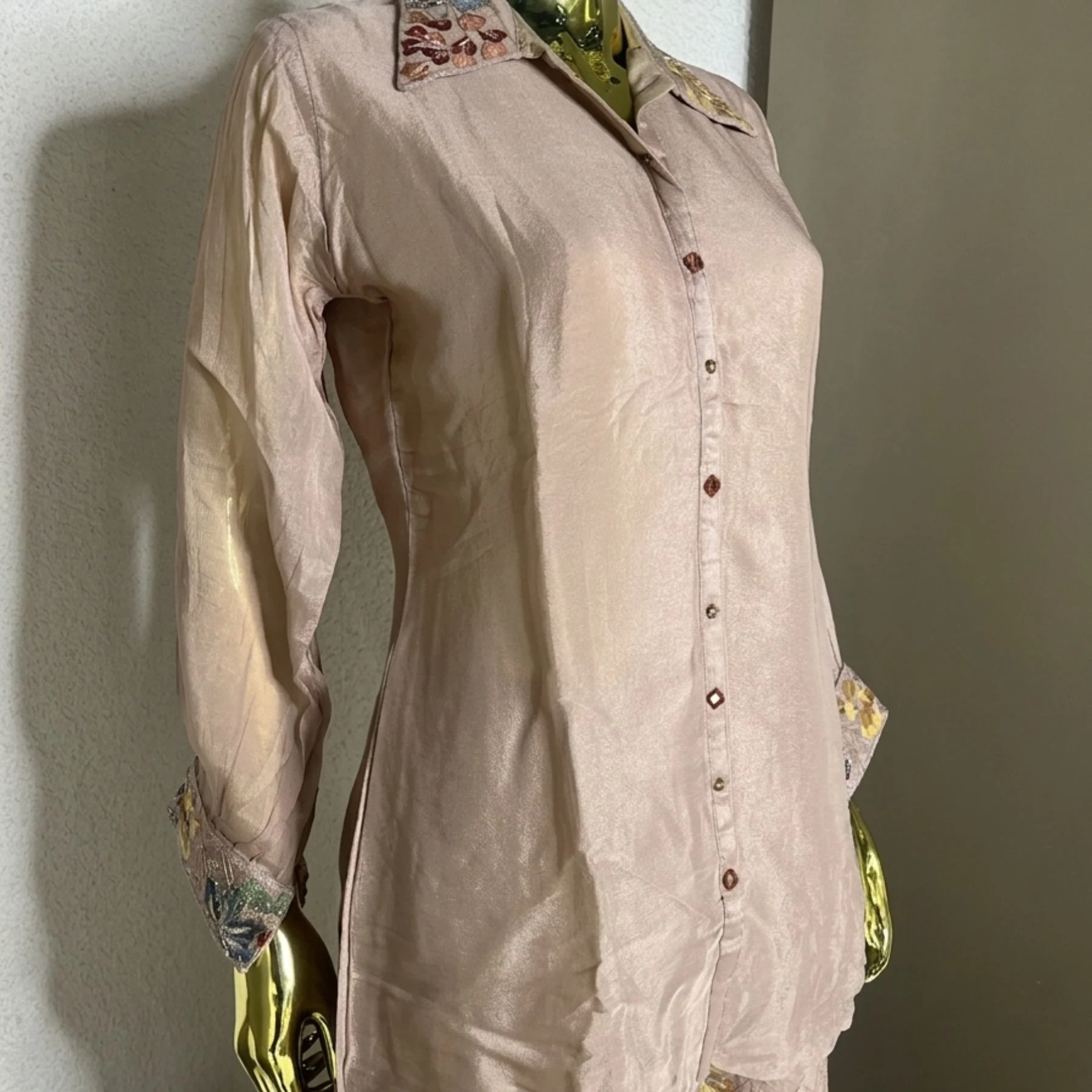 Woman wearing blush pink chinnon embroidered sharara co-ord set