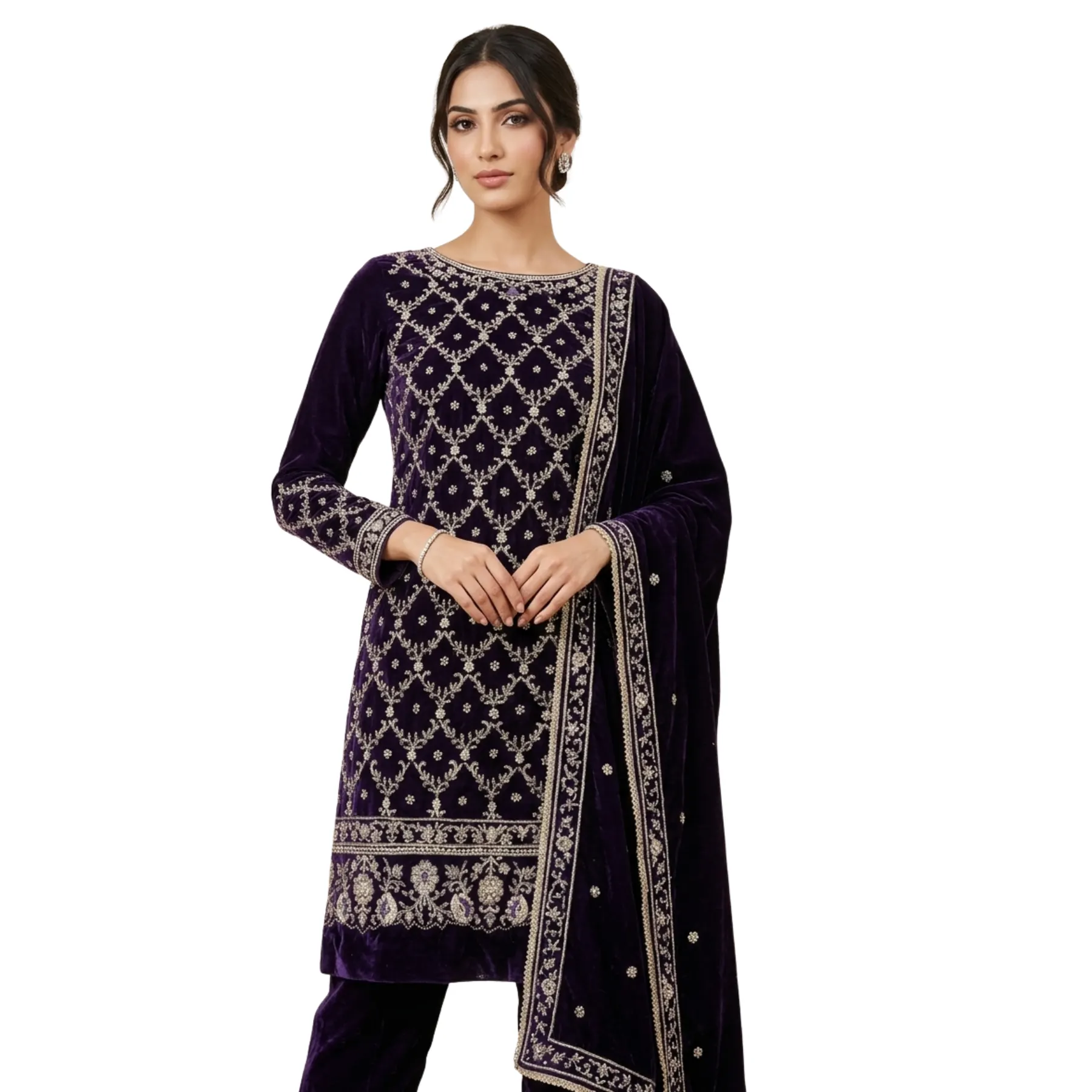Violet velvet unstitched suit for women
