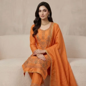 Orange crepe unstitched suit with antique dabka embroidery and thread work by Kharatis