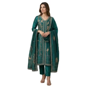 Teal blue pure silk unstitched suit for women