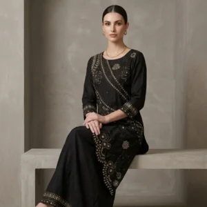 Woman wearing black chinnon kurta set with hand embroidery and dabka work