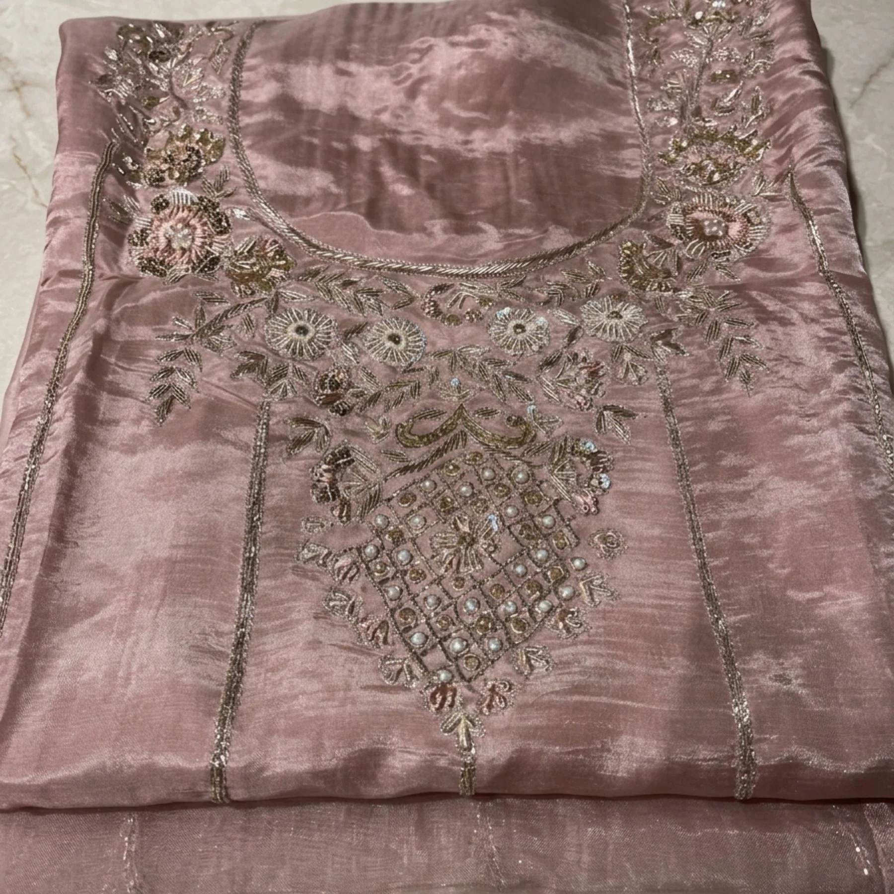 Women’s Tabby Silk Unstitched Suit with Dabka Neck & Ghera Work