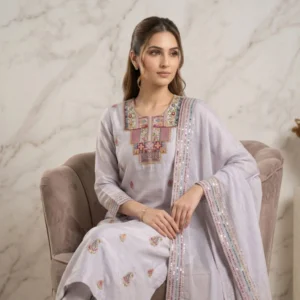 Grey georgette unstitched suit with thread work on neck and plain bottom by Kharatis