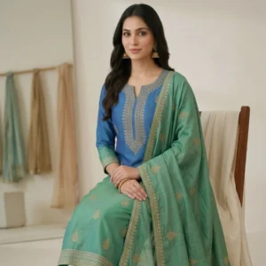 Women’s two color unstitched suit with jaal embroidery