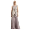 Woman wearing lavender chinnon co-ord set with embroidered organza jacket