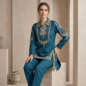 Kharatis Masline Silk Suit with Dabka and Thread Work Lace Design