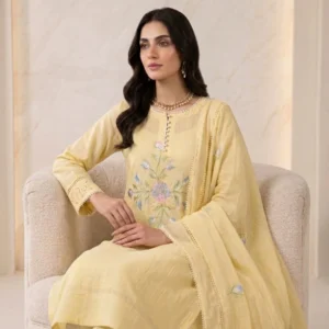 Yellow mul cotton unstitched suit with beautiful pearl dupatta by Kharatis
