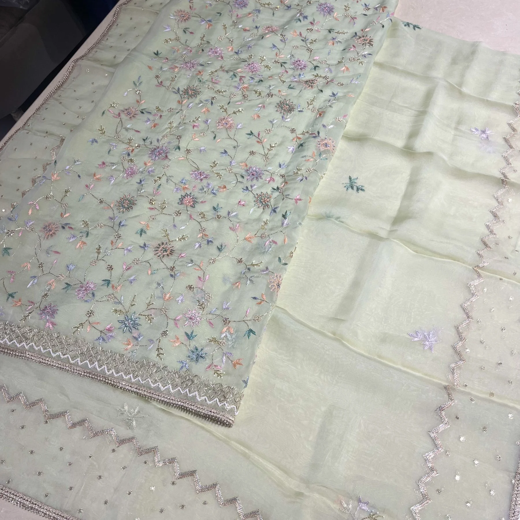 Organza Aari work unstitched suit for women
