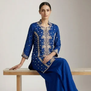 Woman wearing royal blue chinnon pearl work co-ord set