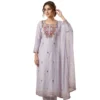 Grey georgette unstitched suit with thread work on neck and plain bottom by Kharatis