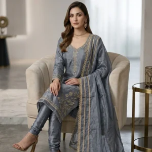 Powder blue Masleen silk unstitched suit