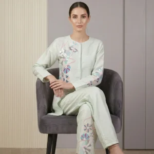 Woman wearing khadi chanderi co-ord set with sippy work embroidery