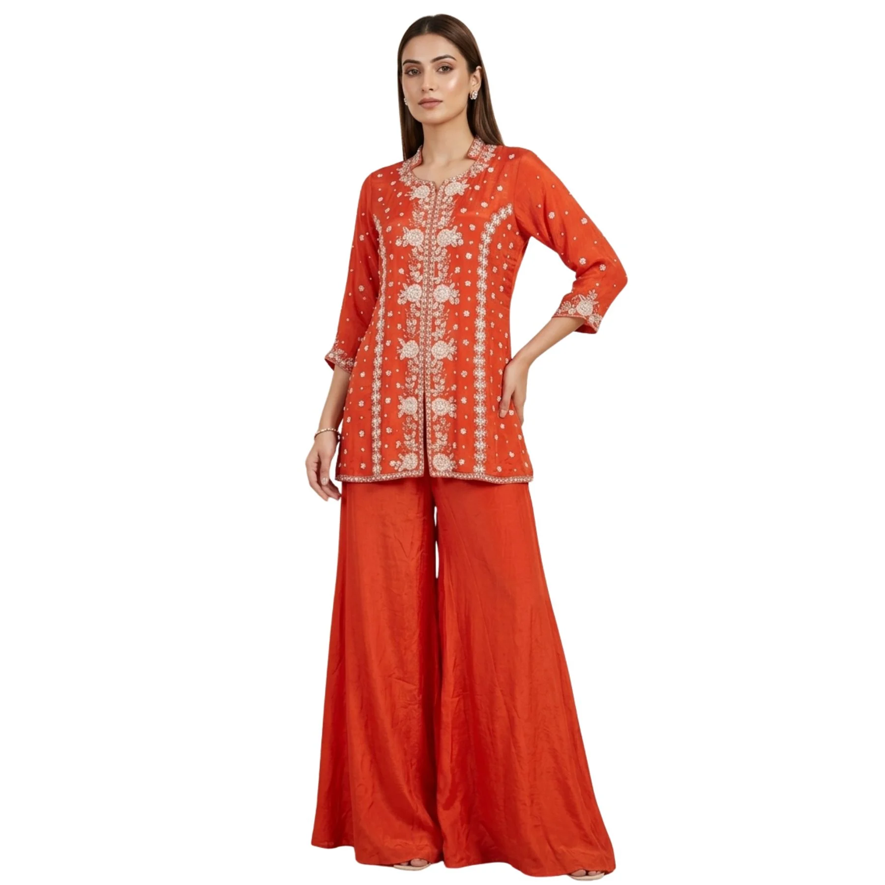 Woman wearing orange chinnon pearl work embroidered co-ord set