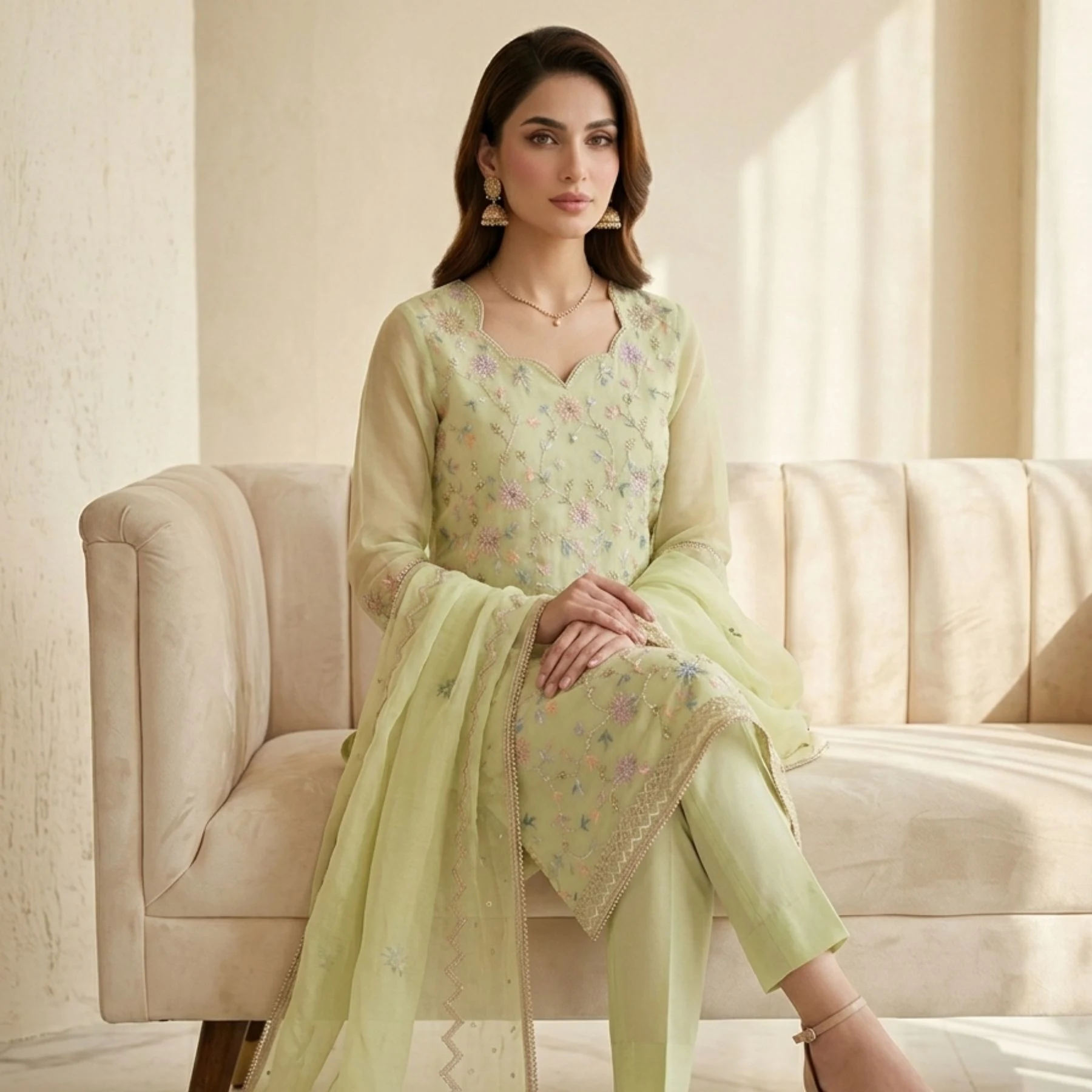 Organza Aari work unstitched suit for women