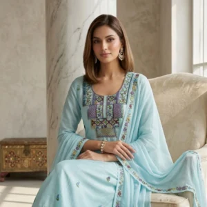 Sky blue georgette unstitched suit with thread knot work on neck by Kharatis